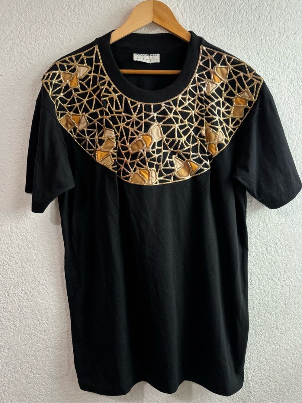 Vintage Art Wear Puff Paint Women's Black Short Sleeve Tee Gold Embellished Yoke